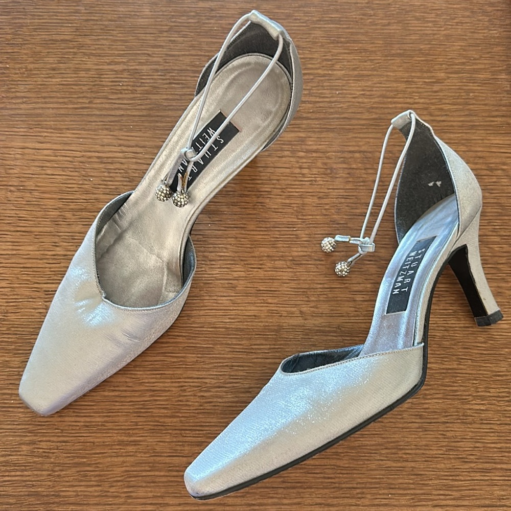 Vintage silver metallic tie ankle crystal encrusted heels (y)